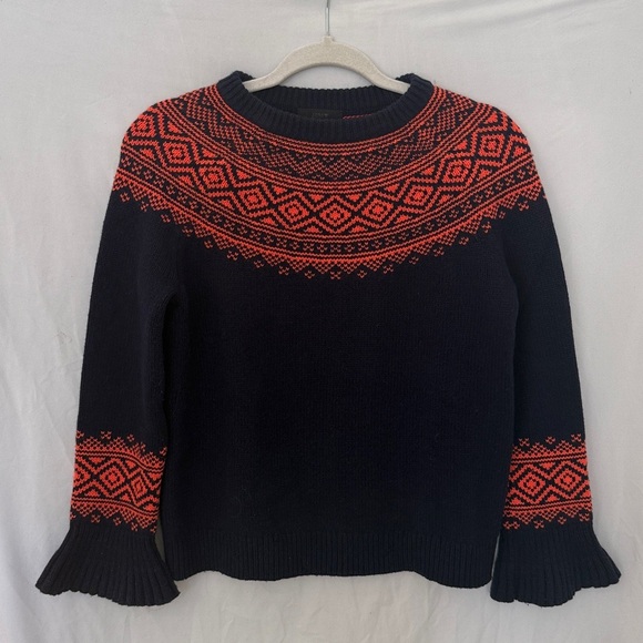 J Crew Merino Wool Blend Fair Isle Nordic Ruffle Sleeve Blue Orange Sweater XXS - Picture 2 of 5